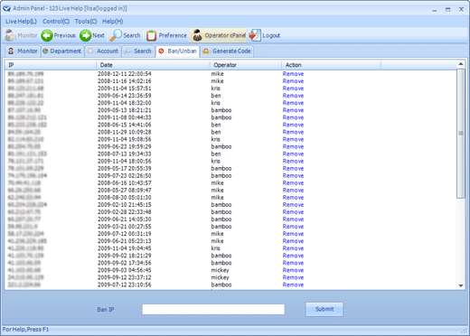 123 Live Help Admin Banned Users--Live Support Chat, Live Chat Software, Online Chat Hosting, Live Help Chat
