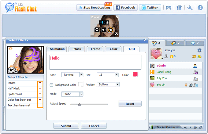 Video Effects Setting in Video Panel of 123FlashChat, Flash Software, PHP Chat, Chat Script